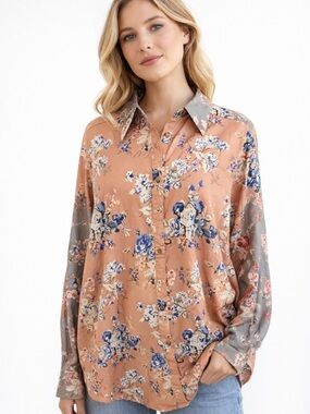 Blue Velvet Peach Floral Cotton Button‑Up Blouse • Size XL, NWT
